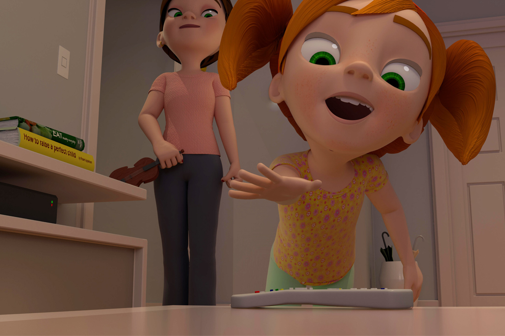 3D animation of daughter reaching for remote while mom stands behind with violin in hand